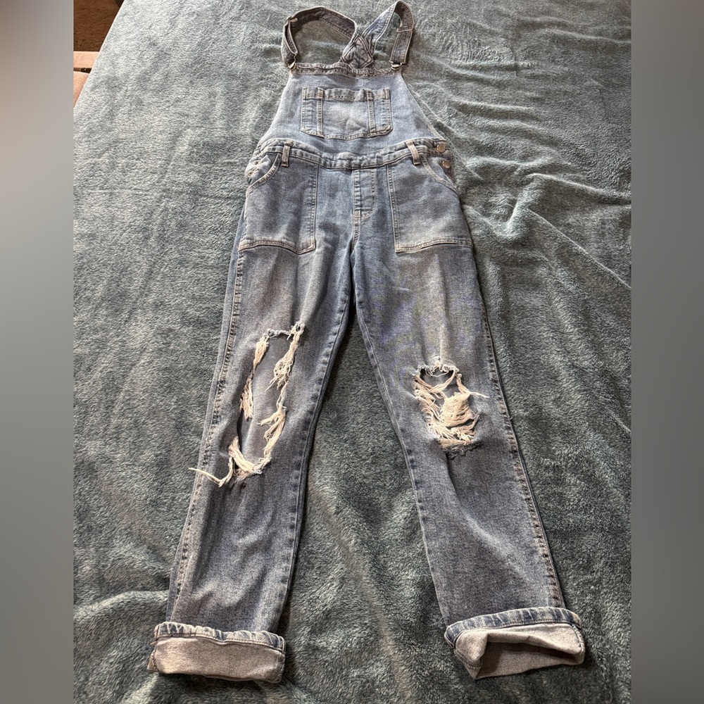 Celebrity Pink Distressed Light Blue Denim Overalls